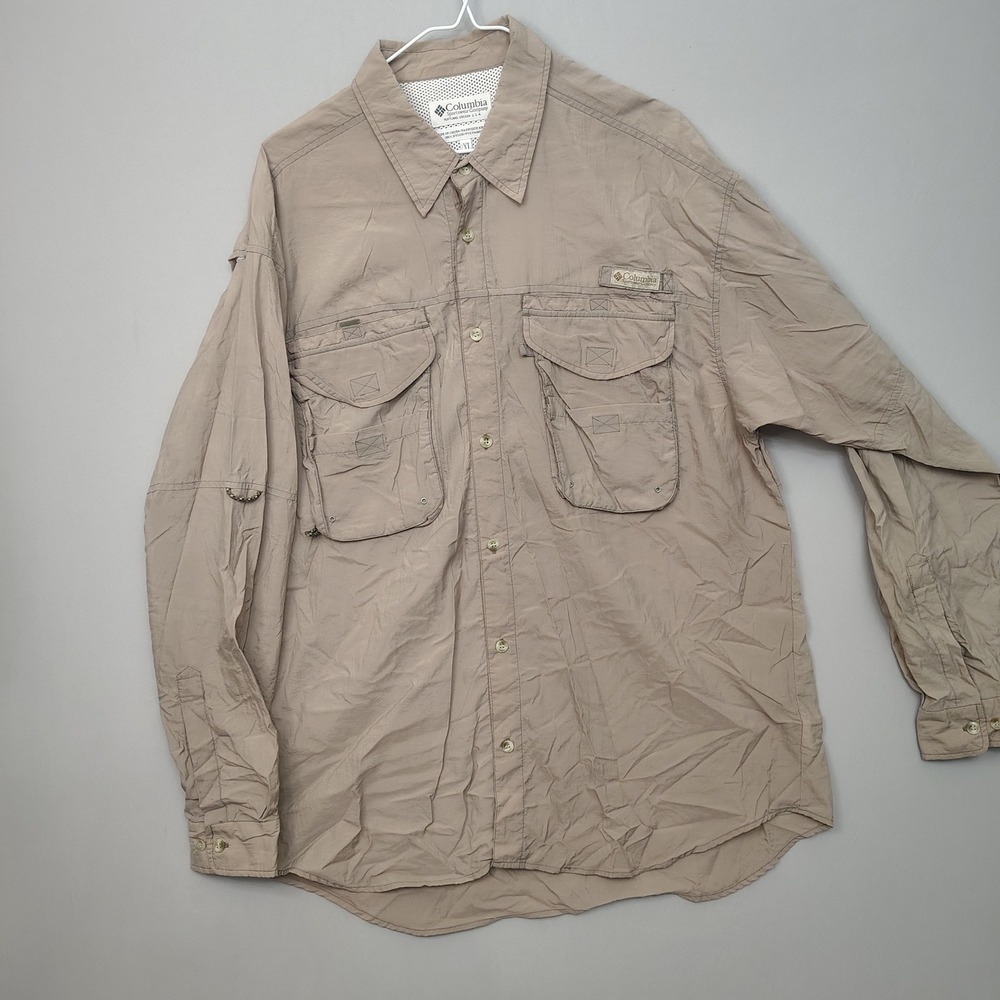 Columbia PFG Men XL Tan Nylon Long Sleeve Performance Fishing Gear FM7100